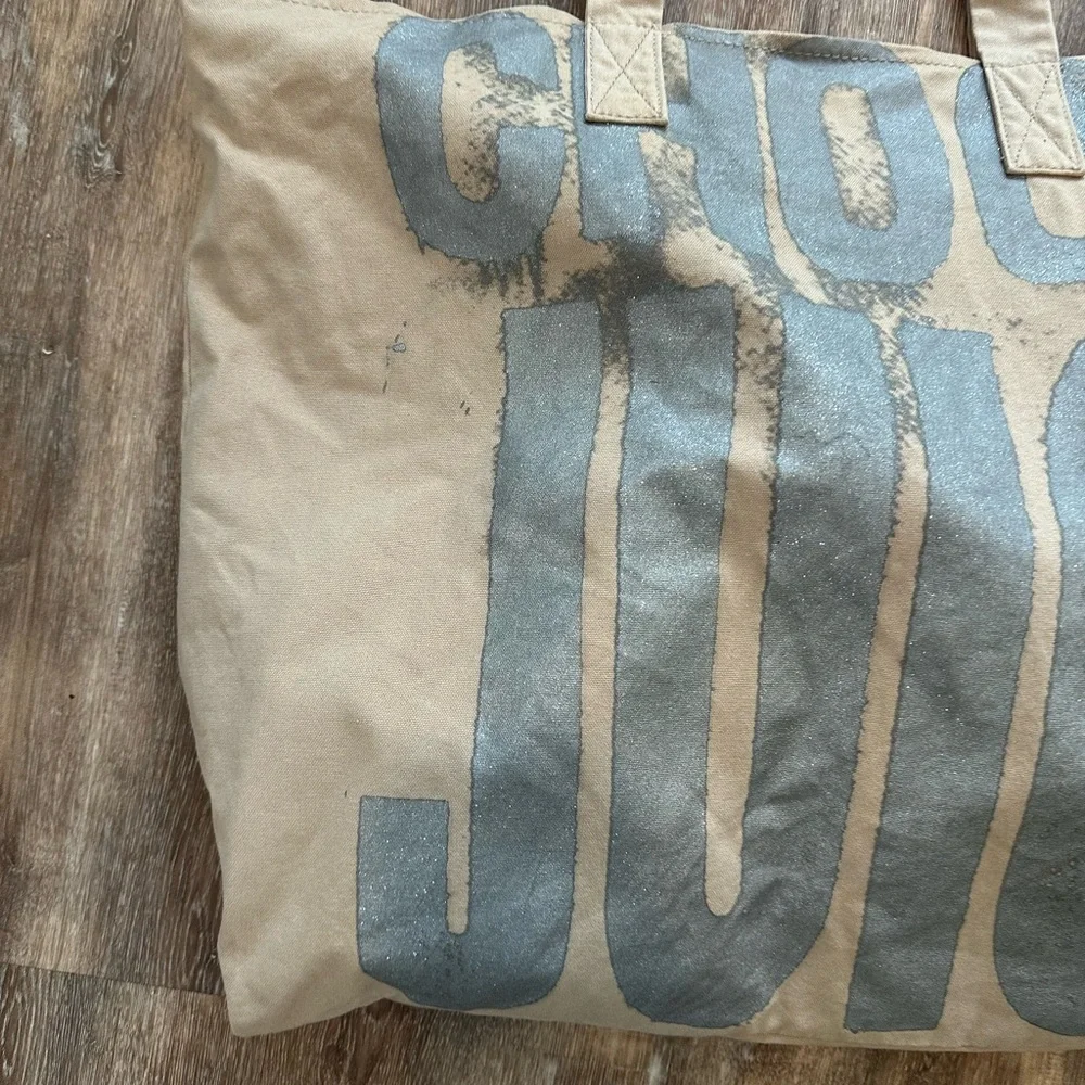 Y2K Choose Juicy Couture Tote Bag Distressed Silver Graphic Tan Canvas Large